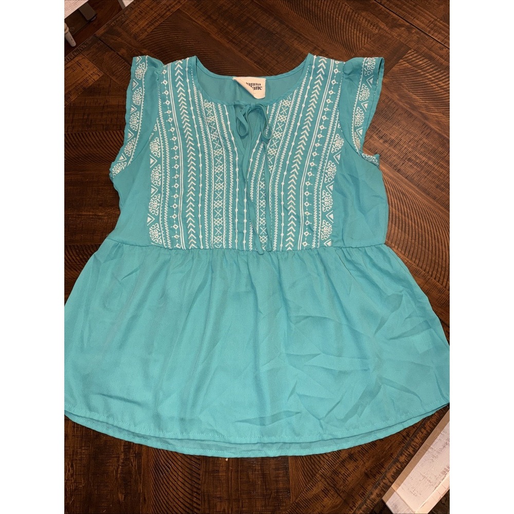 Savanna Jane Green Embroidered Flutter Sleeve Boho Praire Cottagecore Top Size M